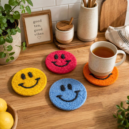 Smiley Face Felt Coasters – Colorful Wool Drink Coasters for Coffee Table, Cute Boho Kitchen Decor, Handmade Mug Rug Set, Gift for Her
