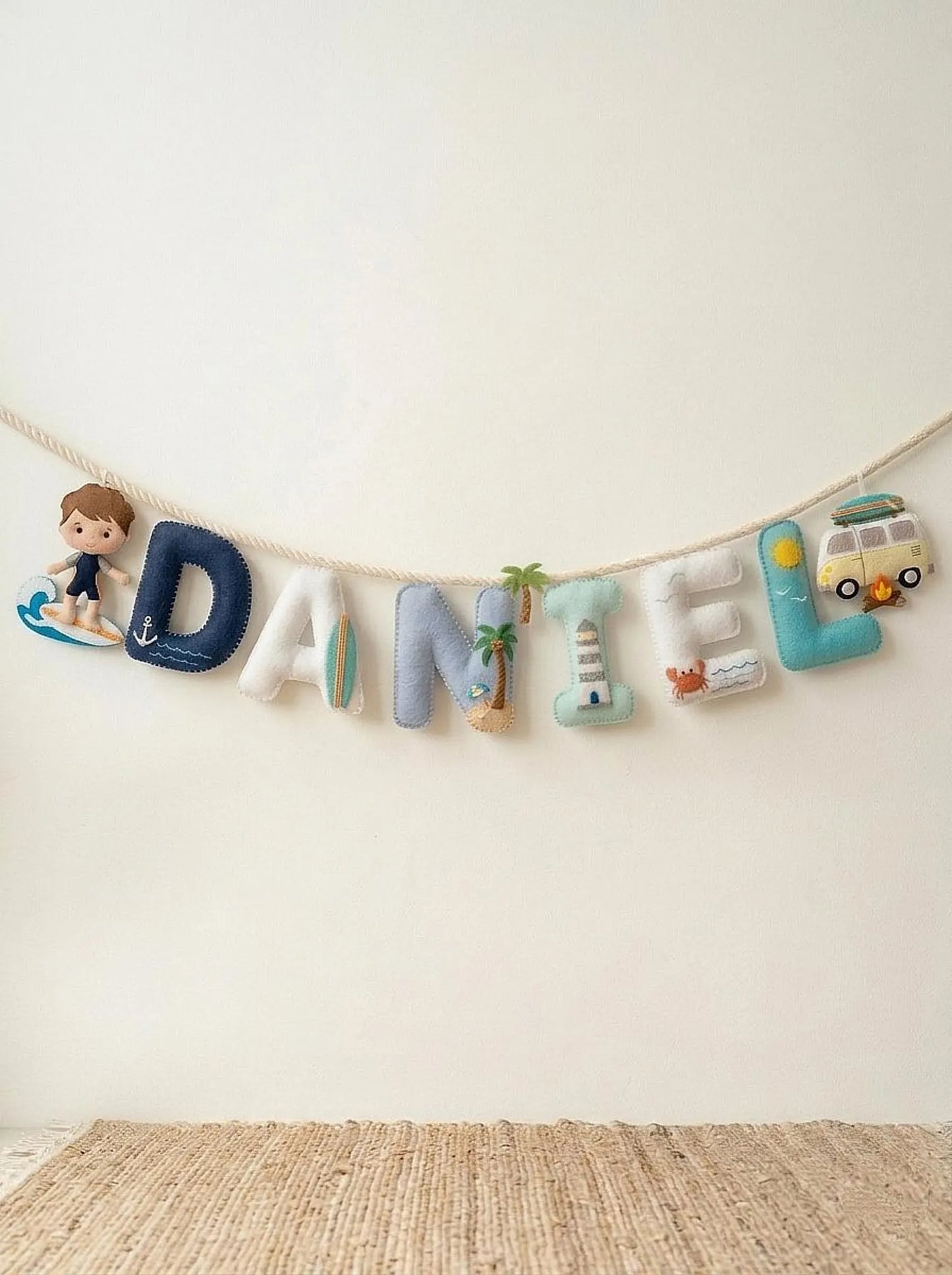 Surfer Name Garland , Custom Beach Name Decor, Baby Ocean Garland, Felt Name Garland, Nursery Decoration, Baby Shower, Newborn Gift
