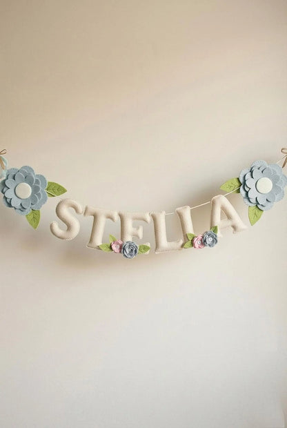 Custom Name Garland , Flowers Custom Name Decor, Felt Name, Felt Name Garland, Nursery Decoration, Baby Shower, Christening, Newborn Gift