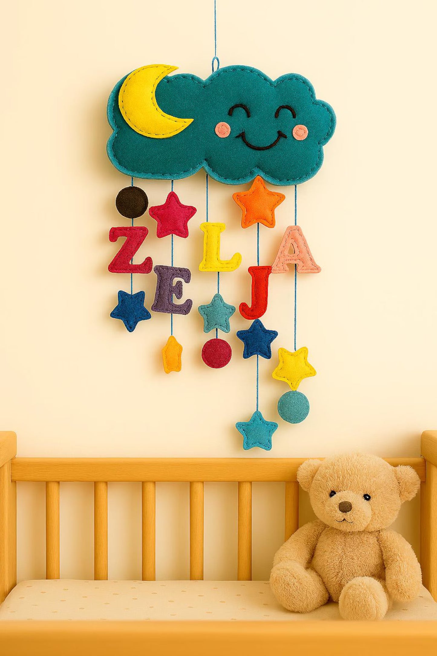 Personalized Felt Name Wall Hanging Baby Nursery Deco Cloud Moon Stars