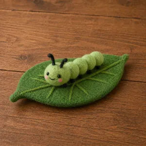 Needle Felt Caterpillar on Leaf, Handmade Insect Toy, Kawaii Bug Decor, Nature Lover Gift